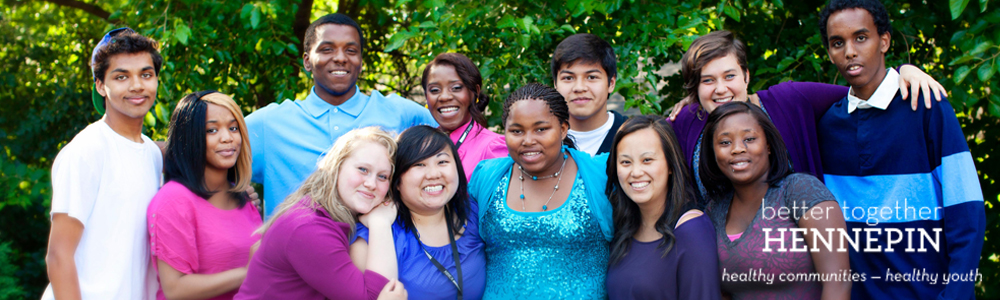 Photo of diverse group of young people smiling, with Better Together Hennepin wordmark
